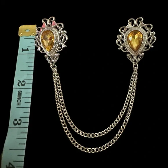 Victorian Style Amber Toned Rhinestone Collar Clip Double Chain Filligree pain - Picture 3 of 4